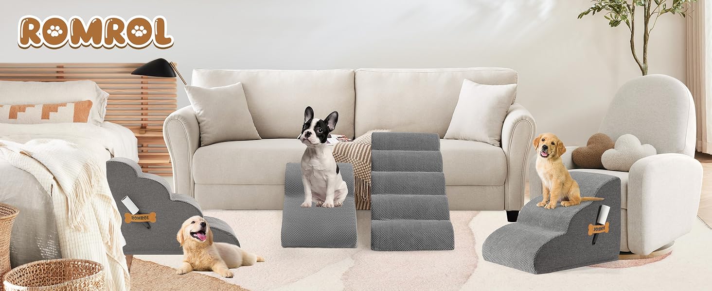 Сходинка для собак та котів ROMROL 3 сходинки - сіра, з неслизьким покриттям, з високощільним пінополіуретаном, для допомоги при входженні на диван та ліжко, захист суглобів
