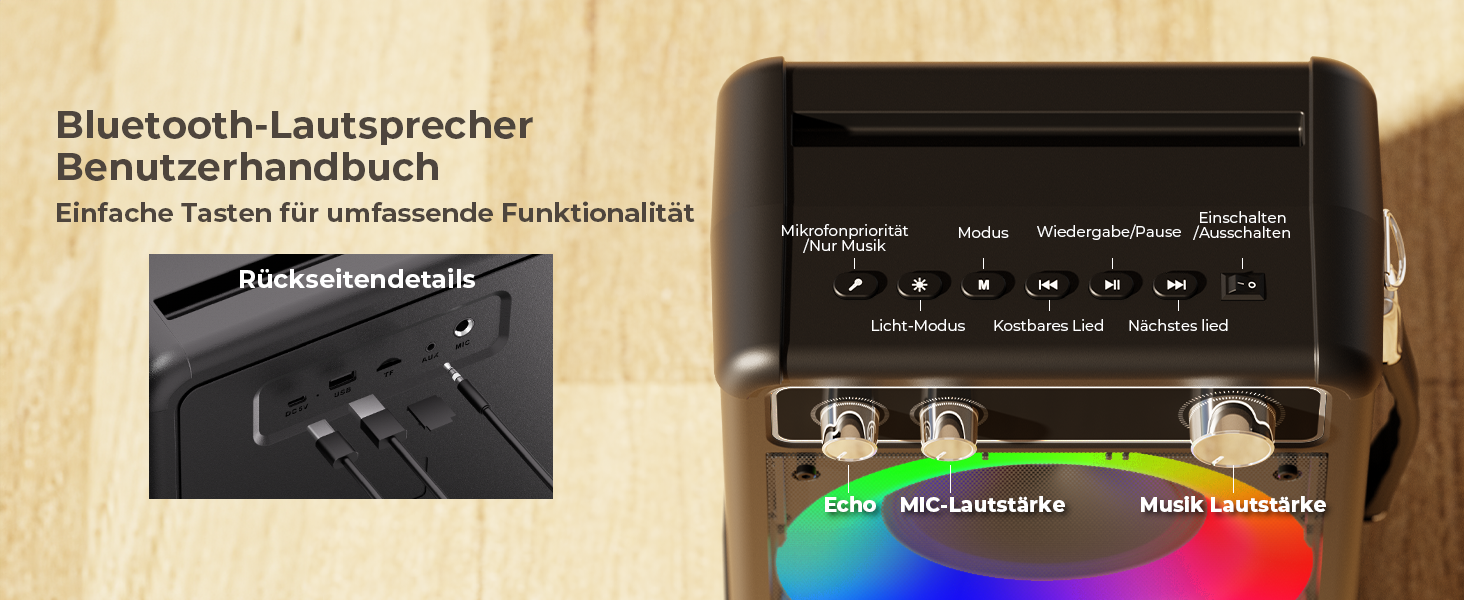 BONAOK Караоке Мікрофон для Дорослих, Портативна Караоке Машина з Bluetooth, 2 Мікрофони, 15 Вт, Підсвітка, Чорний T03