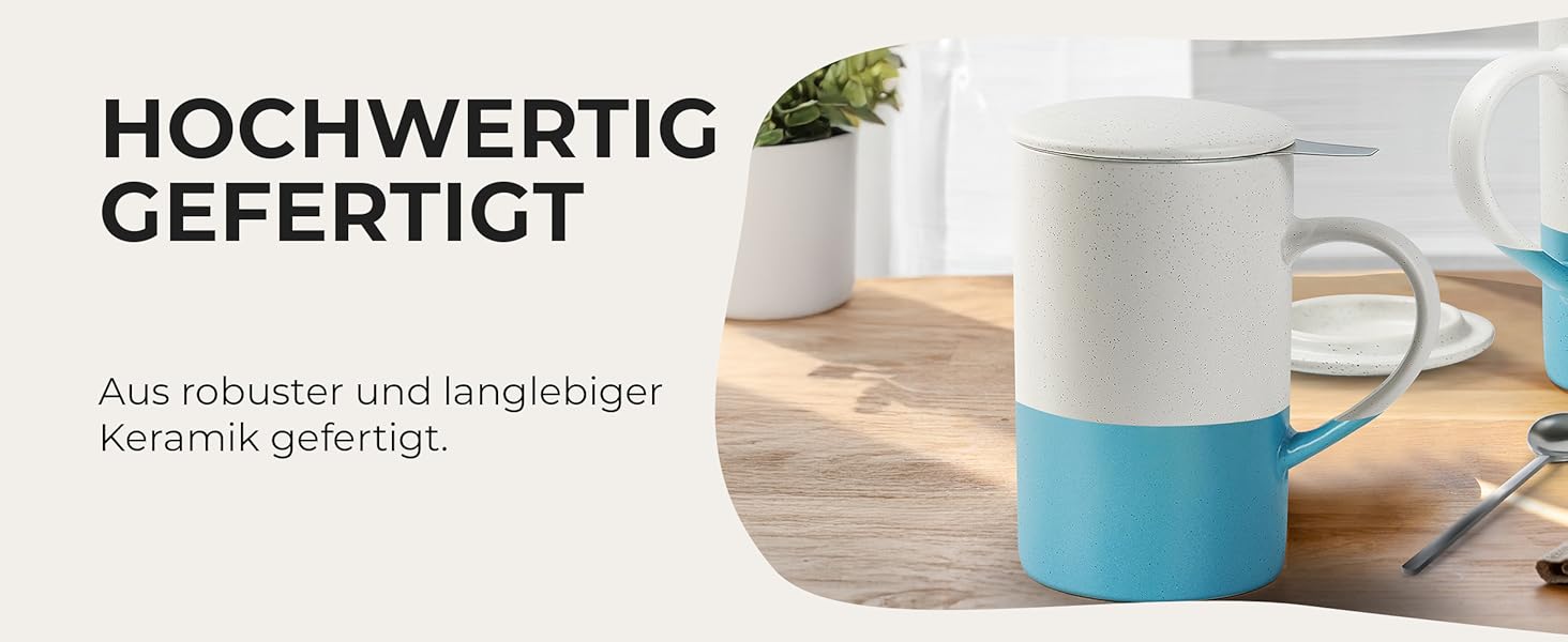 Набір чайних чашок Miamio 2 x 500 мл з кришкою та ситом, з чайним ситечком та ложкою, для заварювання листового чаю, подарунок для жінок, безпечно для мікрохвильової печі та посудомийної машини (блакитний)