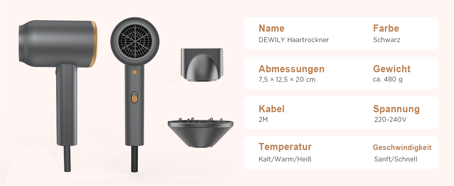 Іонний фен з насадкою-дифузором DEWILY 1800W, Швидке сушіння, Кнопка холодного/гарячого повітря, Термостат, 3 температури, 2 швидкості, Концентратор, Фен для локонів (Чорний+Золотий)