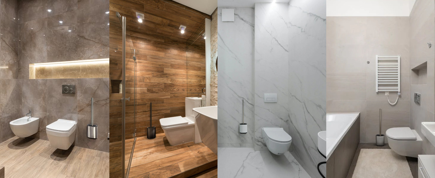 Силіконова щітка для унітазу 3-в-1 з тримачем та кріпленням на стіну, довга ручка з нержавіючої сталі, гігієнічна з ламелями та скребком - набір для ванної кімнати та гостьового туалету, нержавіюча сталь, срібло