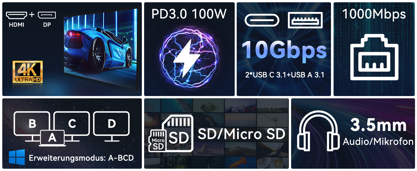 Док-станція USB-C з підтримкою 2 моніторів, 4K HDMI, DisplayPort, USB3.1, RJ45, 100W PD, кардридер, аудіо/мікрофон, для ноутбуків Dell HP (сірий)