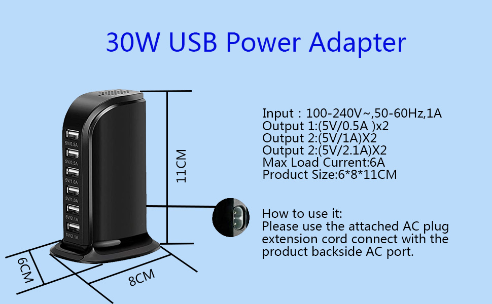 Зарядний пристрій USB мережевий 30W, 6 портів, для iPhone 12/13/14, Samsung Galaxy S22 Ultra/Z Fold/Z Flip, планшетів - Чорний
