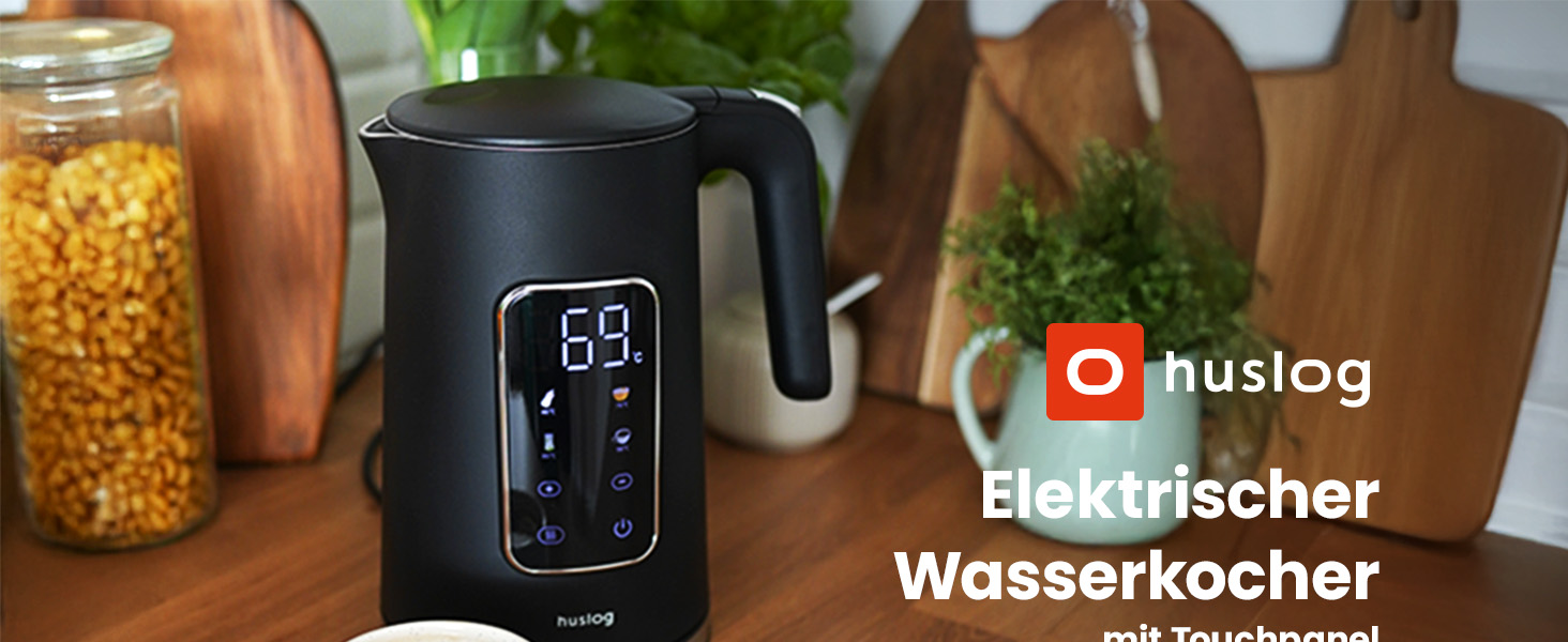 Електричний чайник 1.7 л з тачскріном, 2200 Вт, регулювання температури (40–100°C), 5 програм, підтримання тепла, нержавіюча сталь, бездротовий, чорний