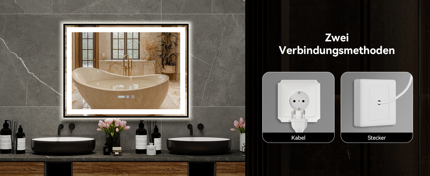 Дзеркало для ванної кімнати YU YUSING з підсвічуванням 60x80 см, антизапар, 3 кольори світла, регулювання яскравості, LED-дзеркало з годинником, IP44, вертикальне, срібло (чорний металевий каркас, 70x50 см)