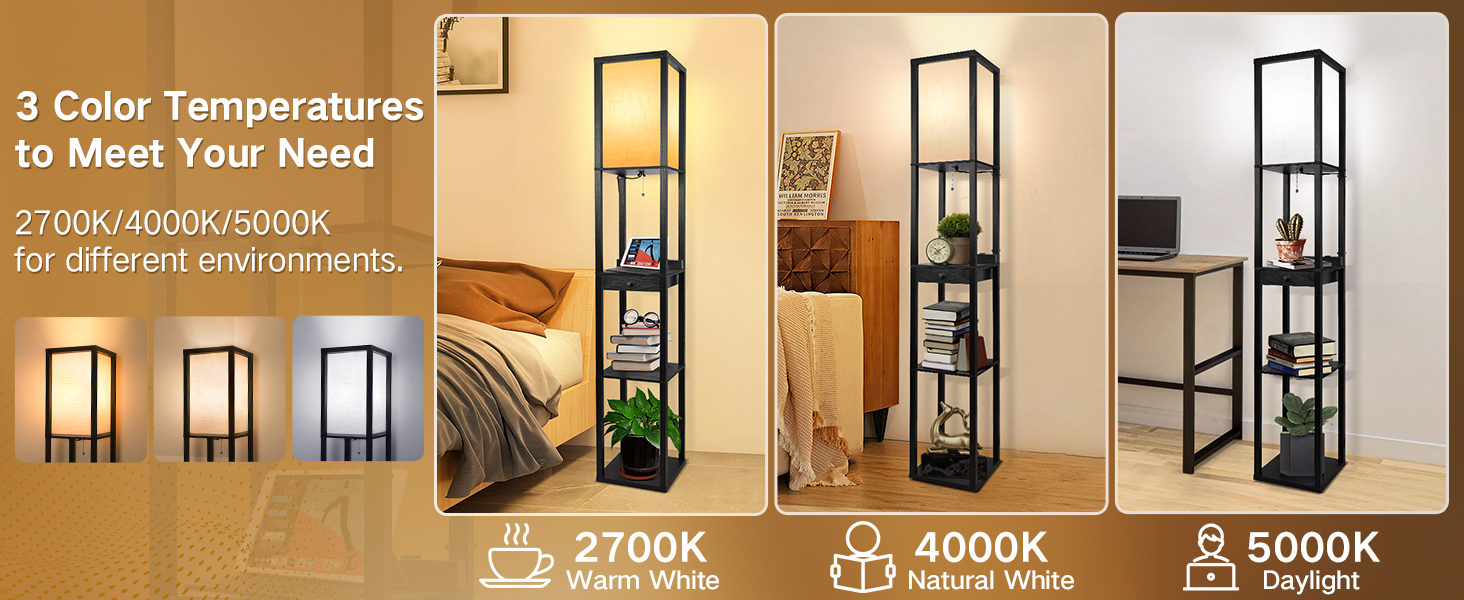 LED торшер OUTON з полицею та ящиком, 3 режими кольору, таймер 1год, 2 USB порти, для вітальні, спальні, офісу (Чорний)