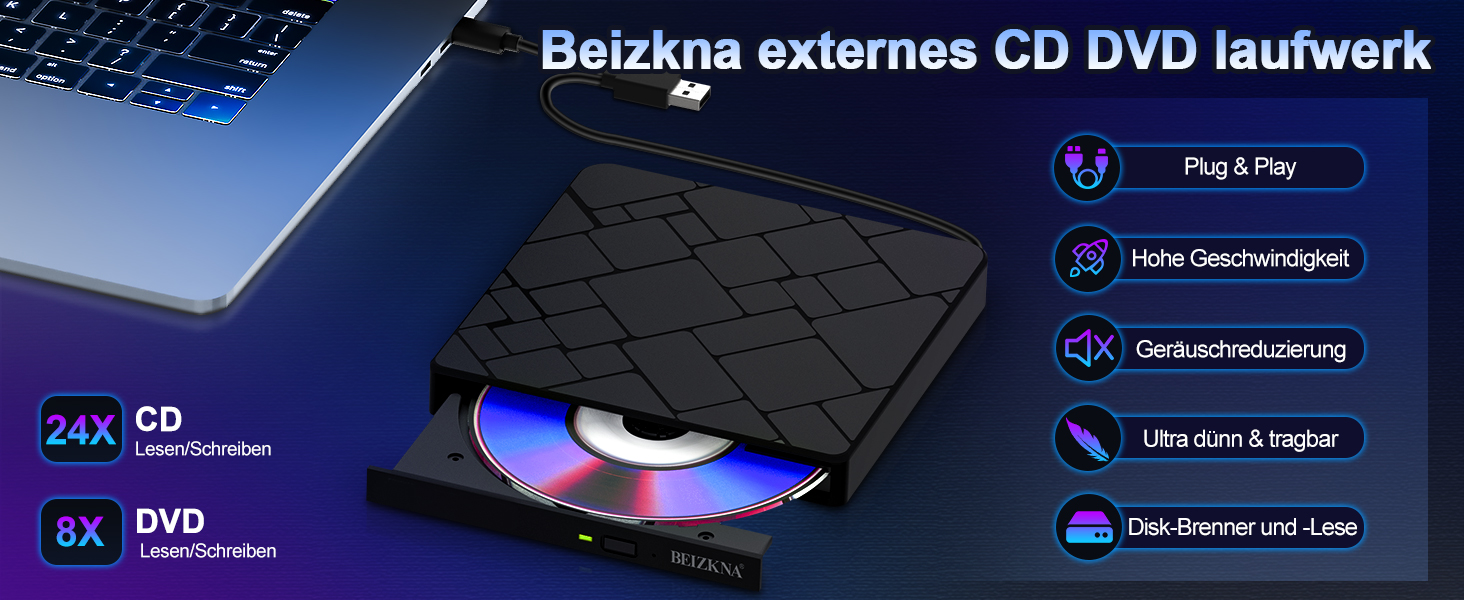 Зовнішній USB 3.0 та USB-C CD/DVD привід-записувач Beizkna, портативний DVD-бренер для ноутбука, ПК, MacBook та iMac, сумісний з Windows 11/10/8/7, Linux та macOS, чорний