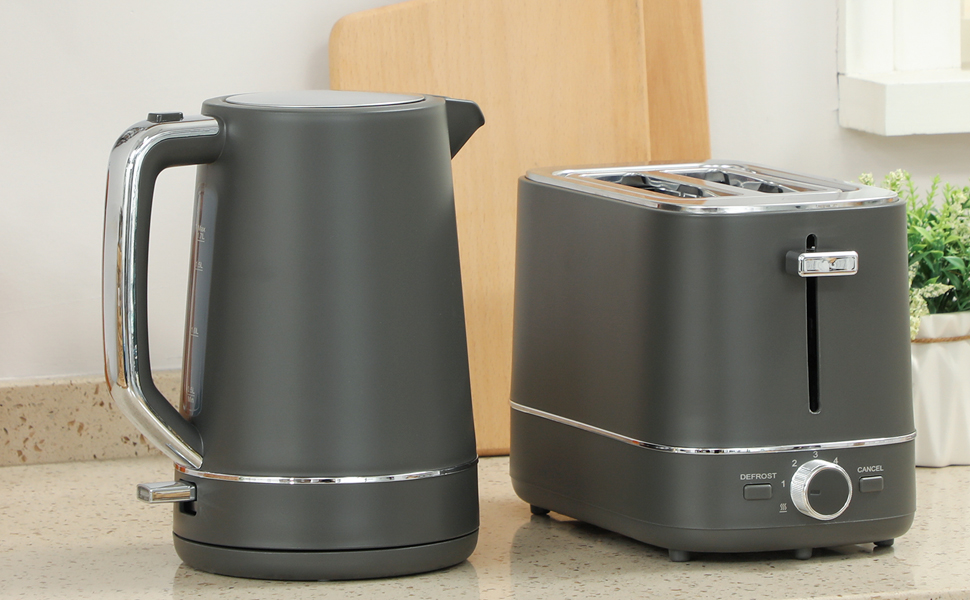 Набір для сніданку HOMCOM: чайник 1.7л та тостер на 2 скибочки (2200 Вт, 6 рівнів підсмажування, з фільтром від накипу та підсвічуванням)