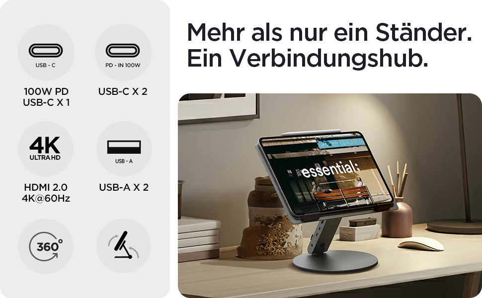 Підставка для ноутбука Spigen ArcDock 6-в-1 з док-станцією (Space Grey) - USB-C, HDMI 4K, для MacBook, iPad, Notebooks до 15.6