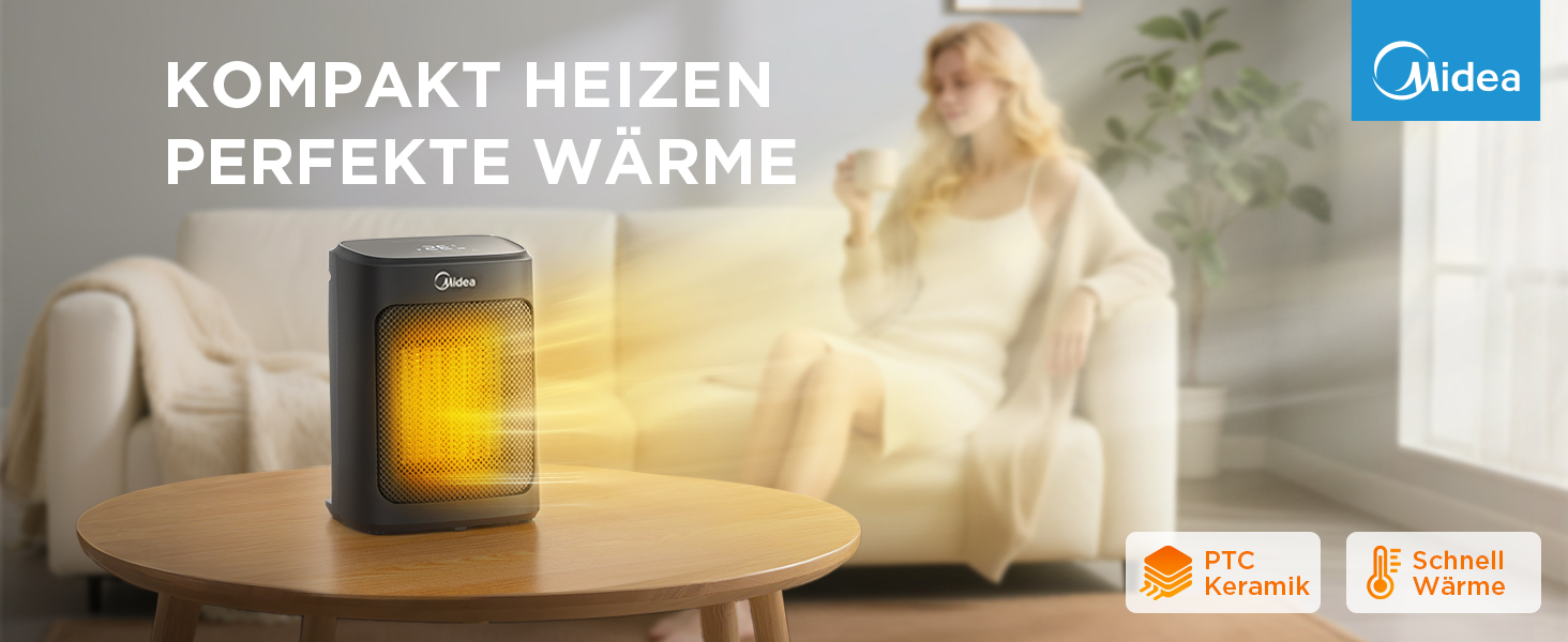 Електричний обігрівач Midea Ceramic 2000W з термостатом, 3 режими, таймер 24г, захист від перегріву та перекидання, миттєве тепло для офісу та спальні, 22 см, чорний