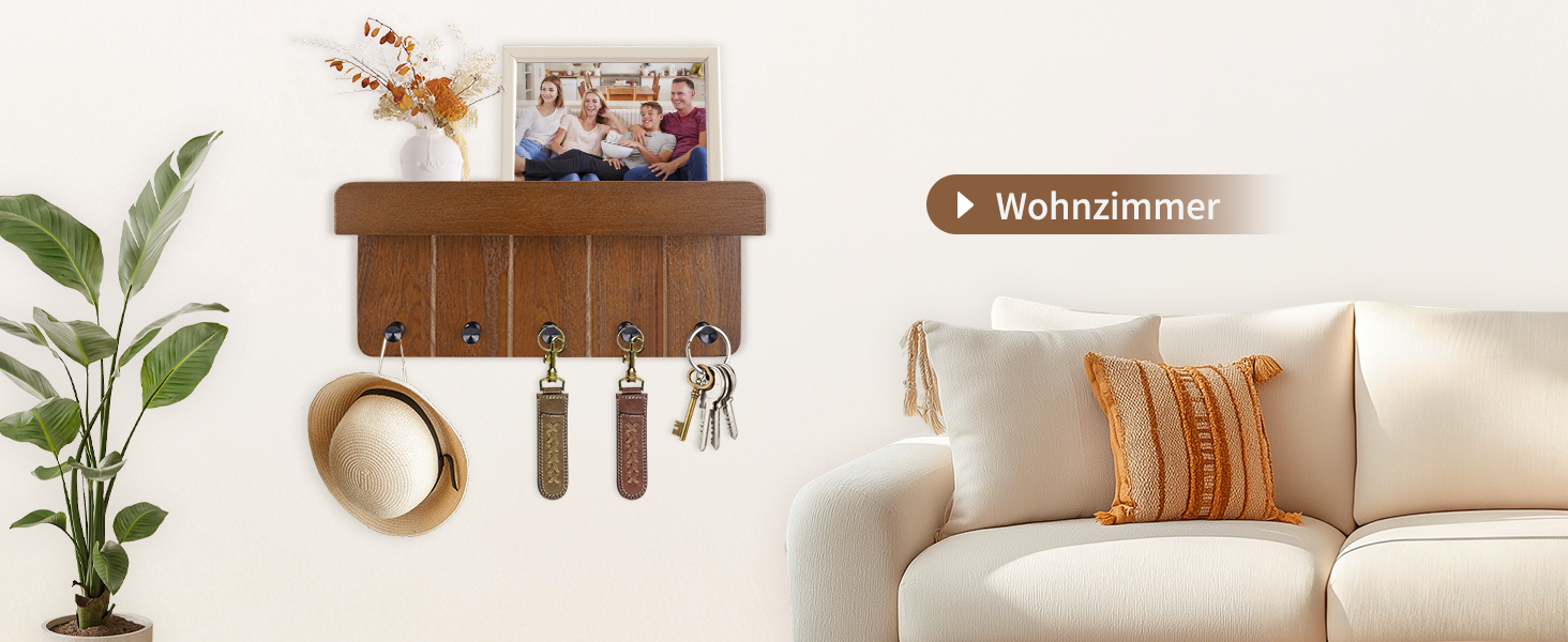 Дерев'яне ключниця з поличкою, ключниця на стіну з 5 гачками, декоративне настінне кріплення для ключів, підходить для прихожей, коридору, кухні, спальні (Темно-коричневий)