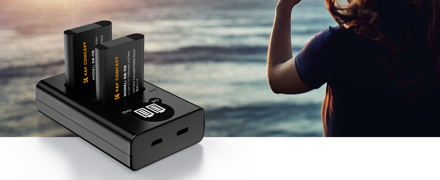 Акумулятор K&F CONCEPT DB-110 1100mAh 2 шт. з зарядним пристроєм Dual Slot, сумісний з Ricoh GR III, GR IIIx, Theta X, WG-6, G900 II, G900SE II, Olympus TG7/6/5/4