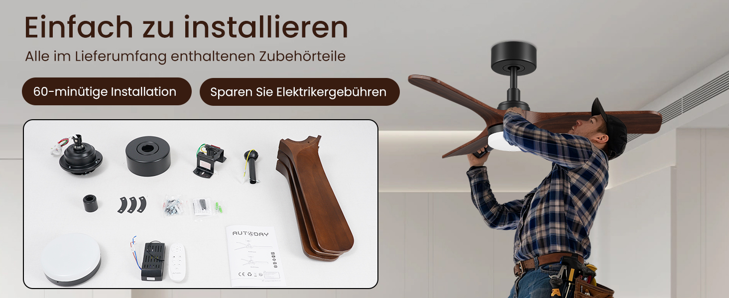 Дерев'яний стельовий вентилятор з підсвіткою, тихий DC-двигун, 90 см, для вулиці, 3 лопаті, диммування LED 24W, пульт з пам'яттю, 6 швидкостей, таймер, текстурована деревина