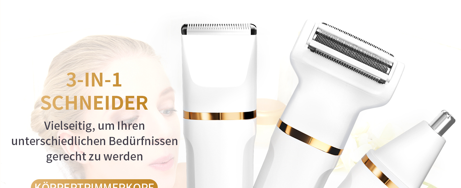 Електричний жіночий тример 3-в-1 для тіла, бікіні та носа. Вологостійкий IPX7, USB-зарядка. Чорний або білий.