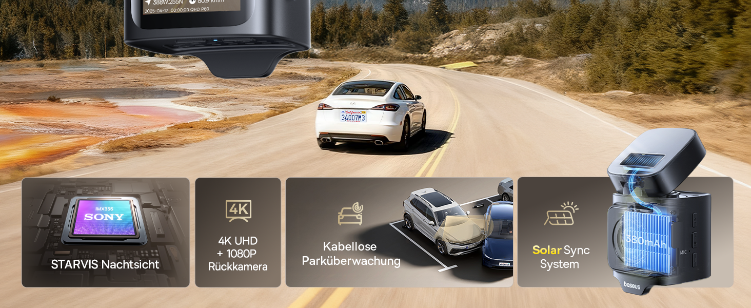 Автомобільний відеореєстратор Baseus VD1 Pro 4K+1080P з сонячною панеллю, режимом паркування, STARVIS нічним баченням, GPS, 5GHz Wi-Fi та карткою пам'яті 32GB