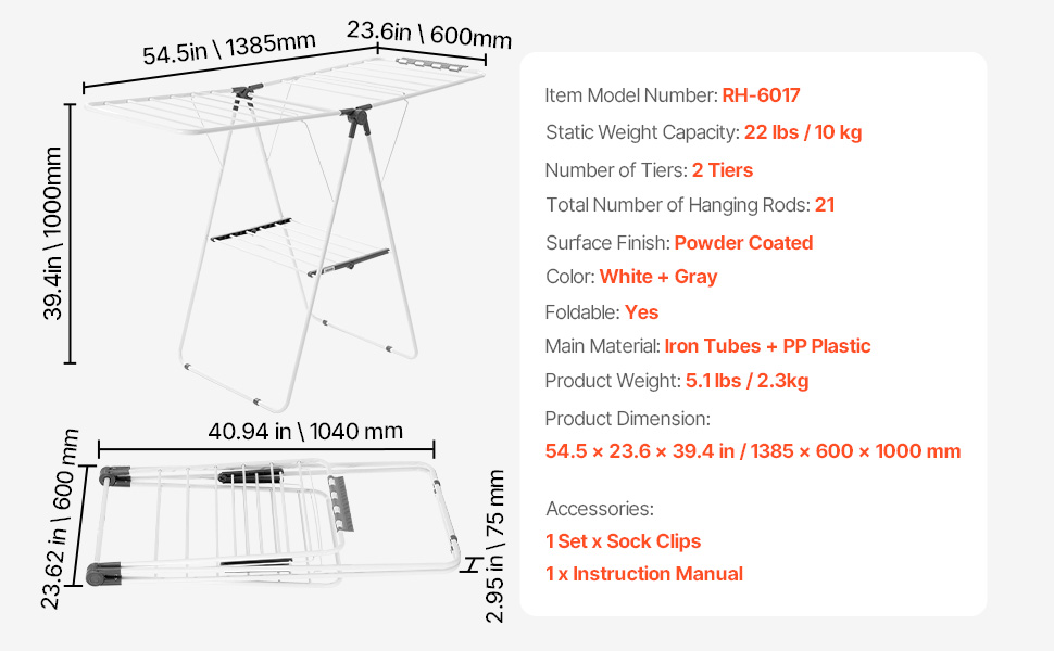 Сушилка для білизни VEVOR 2-ярусна розкладна з прищіпками та 31 сушильною штангою, регульована по висоті, металева, для ванної кімнати, балкону (1385 x 600 x 1000 мм)