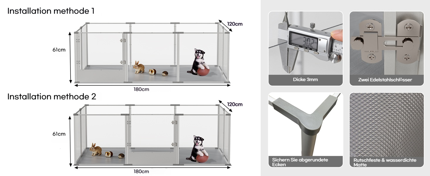Кія для собак BingoPaw: вольєр для цуценят та собак, 8 елементів, 60 см, XXL, з дверцятами та водовідштовхувальним дном (180x120x61 см)