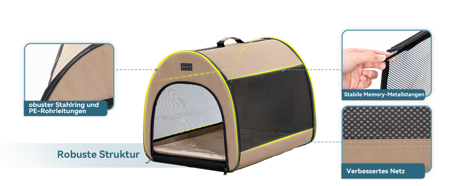 Складана переноска для собак Petfit для маленьких собак і котів, портативна та з гарною вентиляцією, для дому, з вигнутим дахом, переноска-ліжко для собак з анти-відкриваючим блискавкою та подушкою (Хакі, M)