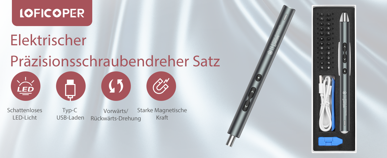 LOFICOPER Міні електричний набір викруток 28 в 1 з LED, USB-C, для ремонту ноутбуків та годинників (сірий)