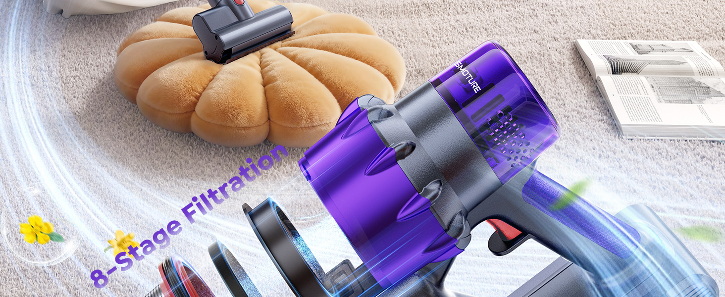 SMOTURE Бездротовий акумуляторний пилосос 50 000 Па, 65 хв роботи, міні-турбонасадка, самостійна парковка, антизаплутана щітка, док-станція на стіні, для шерсті тварин/килимів/твердих поверхонь/автомобіля, модель: VAC02, темно-фіолетовий