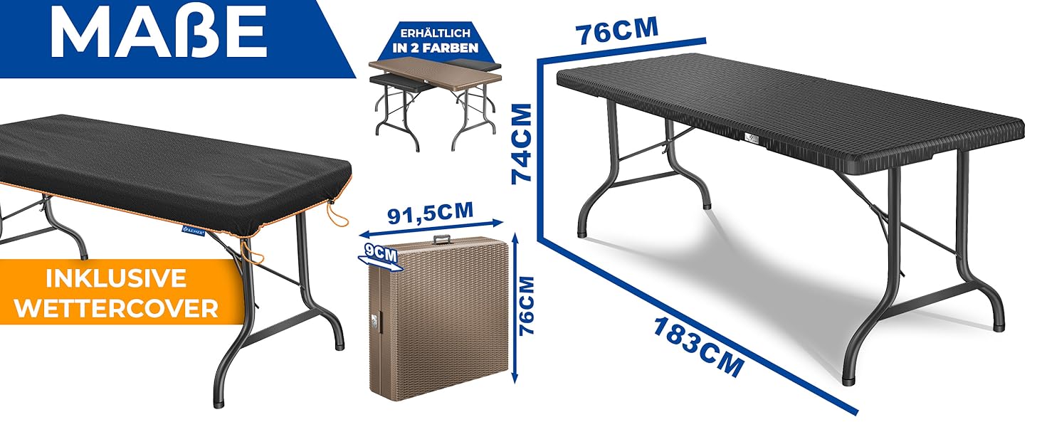 Стіл KESSER® для пікніка, розкладний, пластиковий, 183x76 см, ротанг, 6 осіб, для саду, тераси, балкону, з ручкою, антрацит