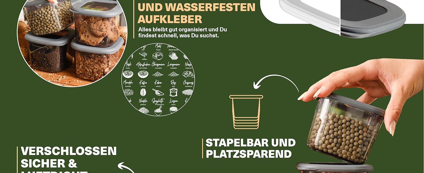 Набори контейнерів для зберігання продуктів з кришкою, 12 шт. BPA-Free, для цукру, крупи, кави, сіллю. Органайзери для кухні, герметичні контейнери для зберігання продуктів. Сірий колір.