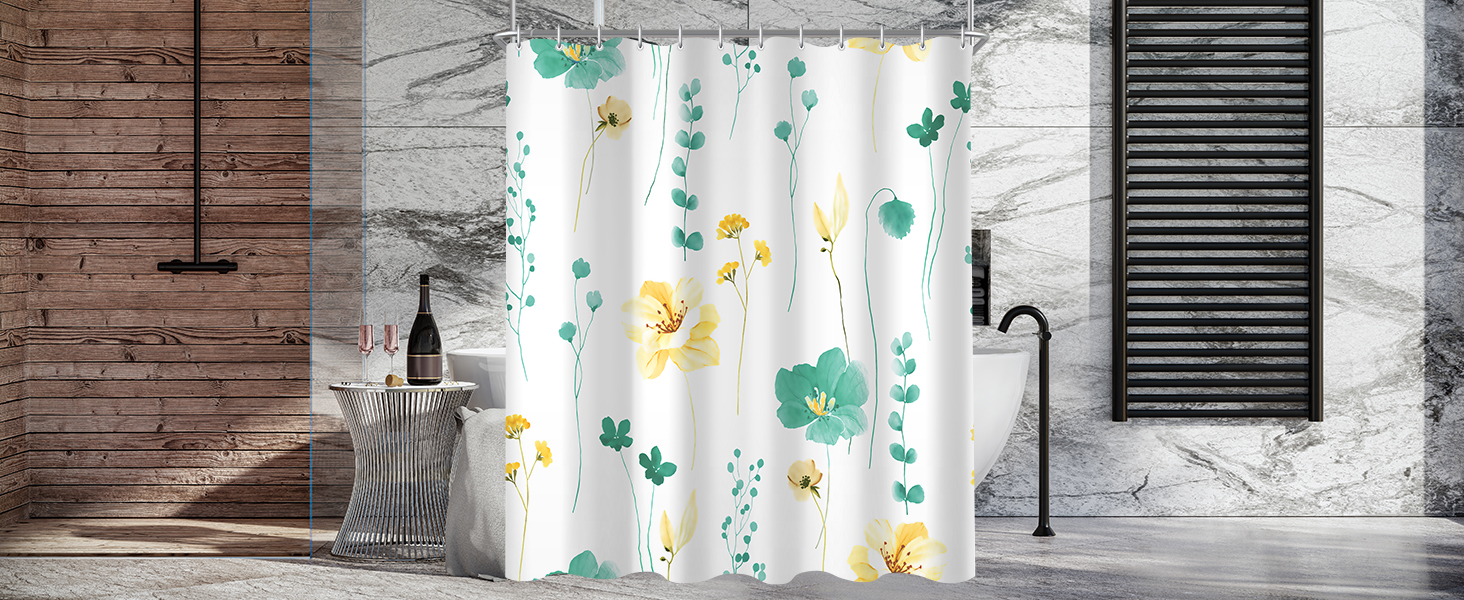 Штора для ванної кімнати 240x200 см, квіти, антигрибкова, водовідштовхувальна, поліестер, з кільцями для душу (М'ятний)