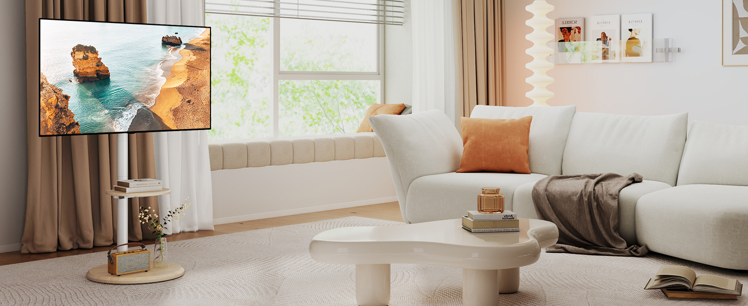 Підставка для телевізора RFIVER мобільна з роликами, біла, 32-65 дюймів, з поличкою, регульована висота та нахил, до 40 кг, VESA 400x400 мм