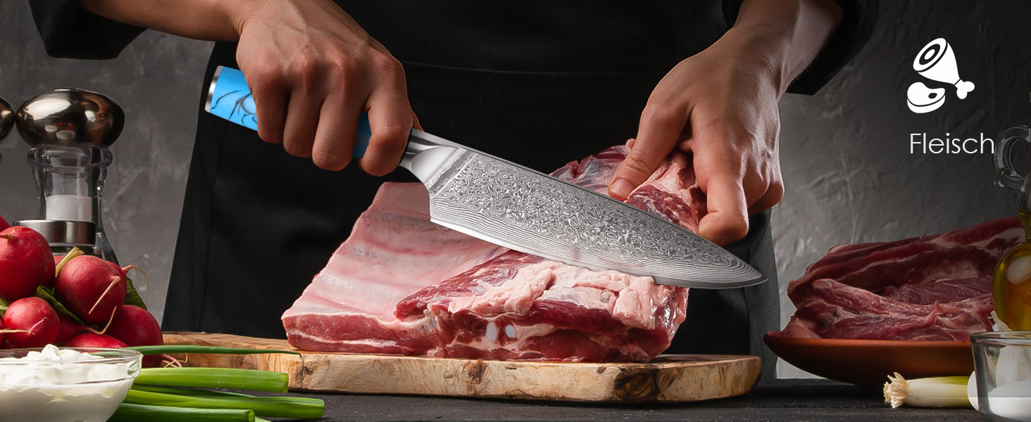 Ніж кухарський Kiritsuke з дамаської сталі, 18.8 см, VG-10, ергономічна ручка з натуральної смоли, подарункова коробка (блакитний)