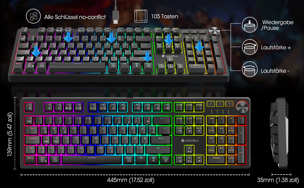 Механічна ігрова клавіатура KOORUI з підсвічуванням RGB, QWERTZ, 104 клавіші, для Windows/MacOS/Linux