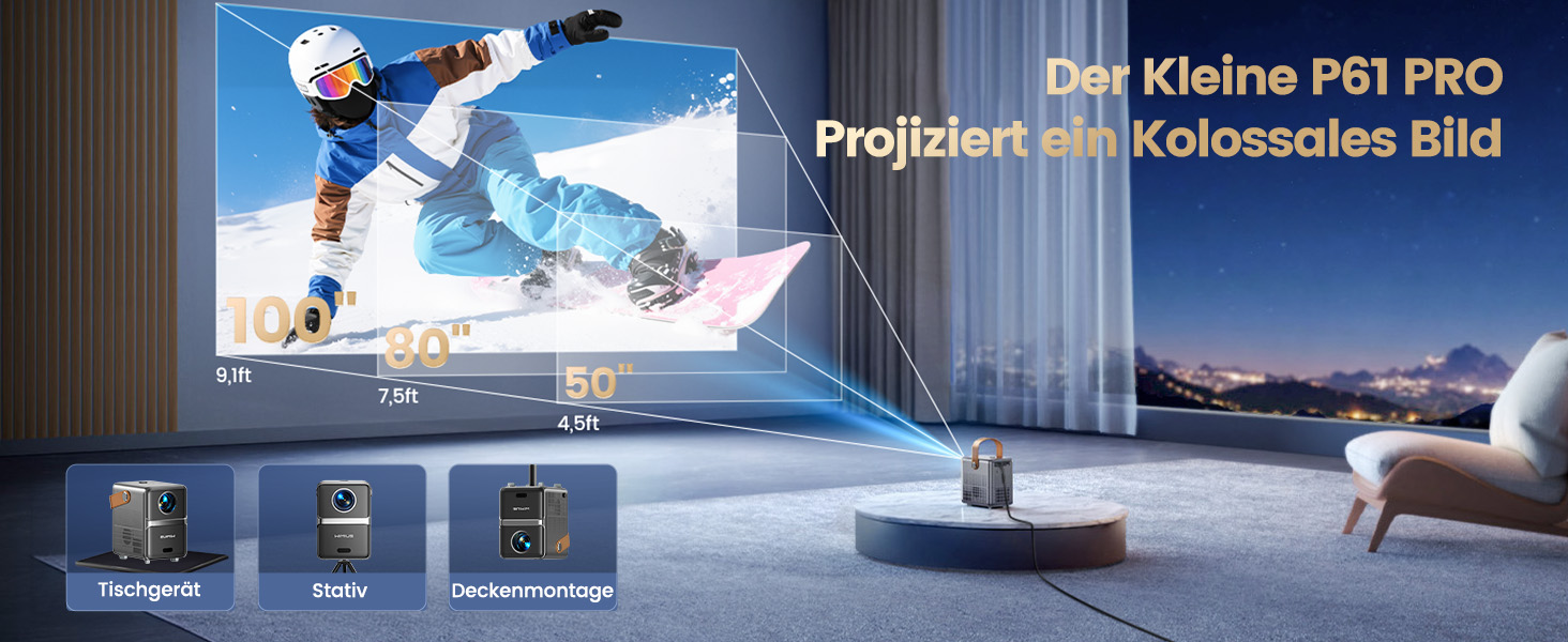 Mini проєктор Beamer 4K з WiFi 6, Dolby Audio та підтримкою Netflix | 1080P Full HD, інтегровані додатки, автоматичне фокусування, вертикальна корекція трапецеїдальних спотворень, короткофокусний, сріблясто-сірий