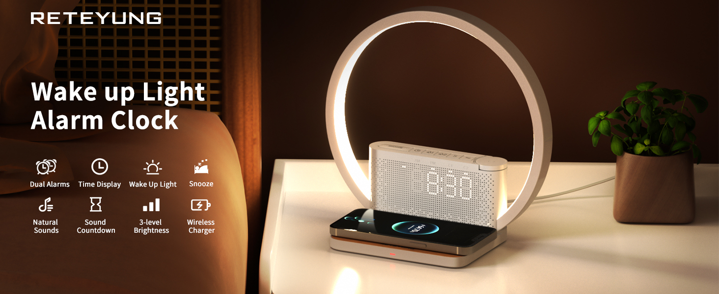 Нічна лампа RETEYUNG з бездротовою зарядкою 10W, 2 будильники, денний світловий будильник, 10 заспокійливих звуків, сенсорне регулювання яскравості (3 рівні), стиль арт-деко