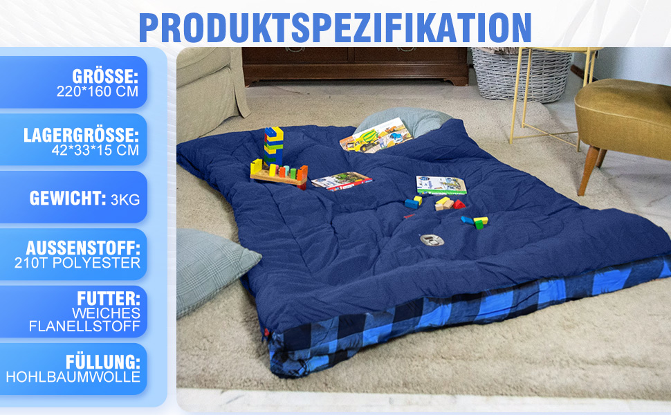 Спальний мішок для двох осіб з фланелі, 220 x 160 см, Outdoor, з двома подушками та сумкою для перенесення, блакитний