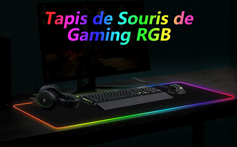 Ігровий килимок для миші RGB XXL (900x400мм) з 7 кольорами підсвічування та 14 режимами, водонепроникний протиковзкий килимок для геймерів та ПК, чорний