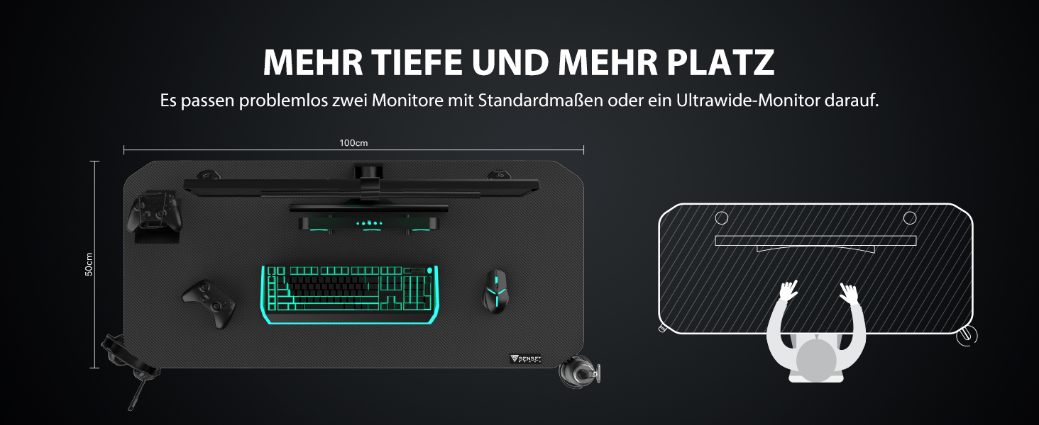 Ігровий стіл SENSE7 Ergonomic для ПК з поверхнею з вуглецевого волокна, 100x50 см, Basic