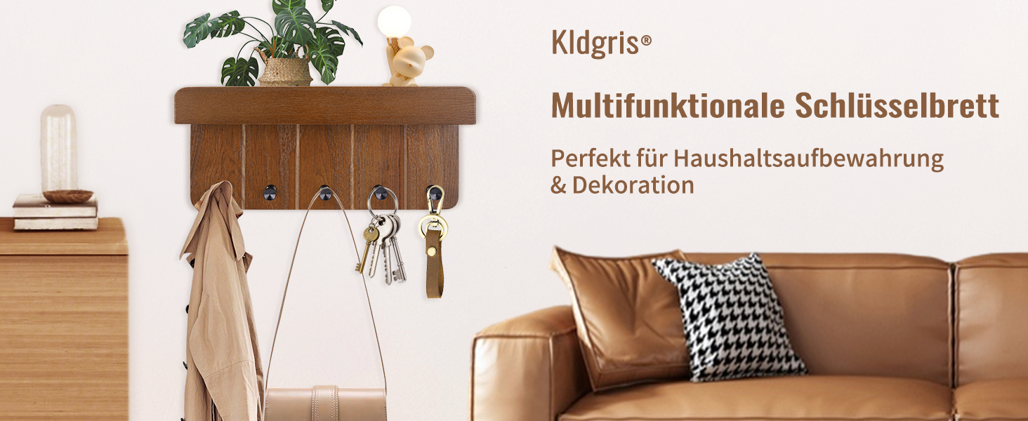 Дерев'яне ключниця з поличкою, ключниця на стіну з 5 гачками, декоративне настінне кріплення для ключів, підходить для прихожей, коридору, кухні, спальні (Темно-коричневий)