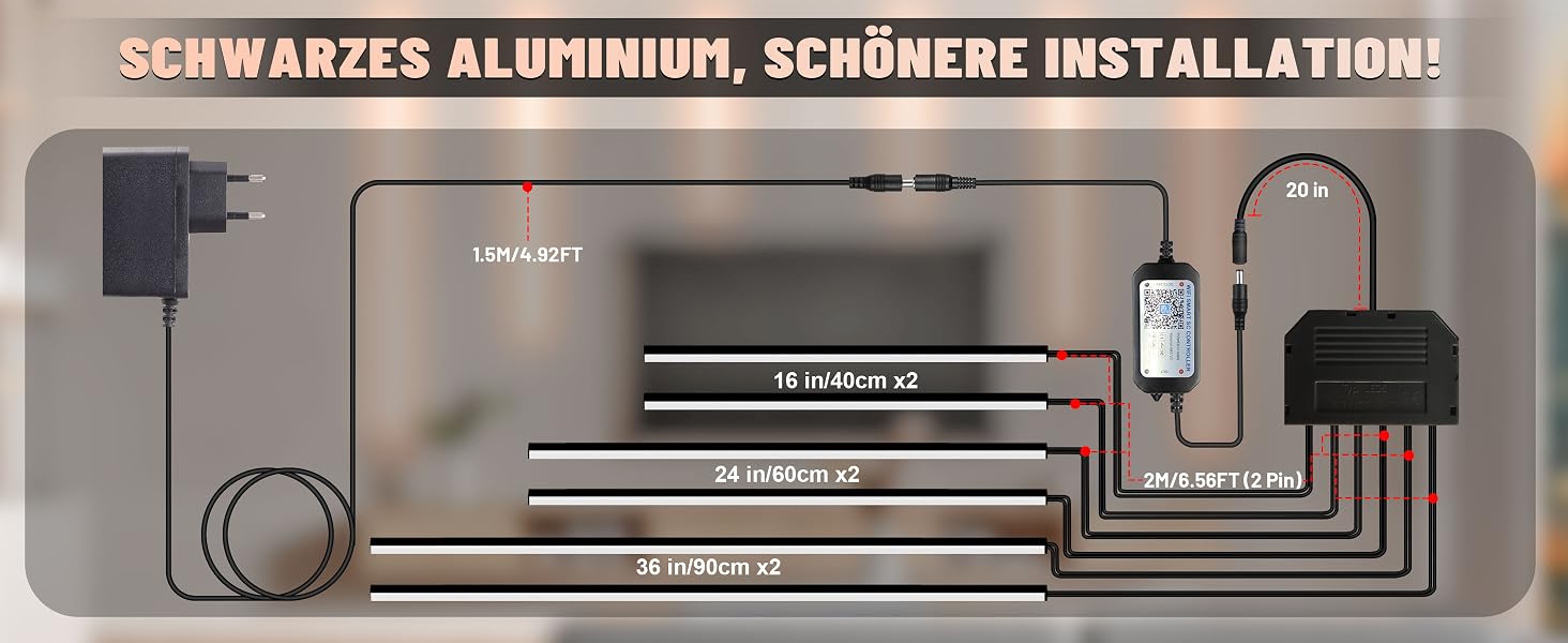 Набір світлодіодних LED-лінійок Lichaser для акустичних панелей, чорний, 6 шт. (40см*2, 60см*2, 90см*2)