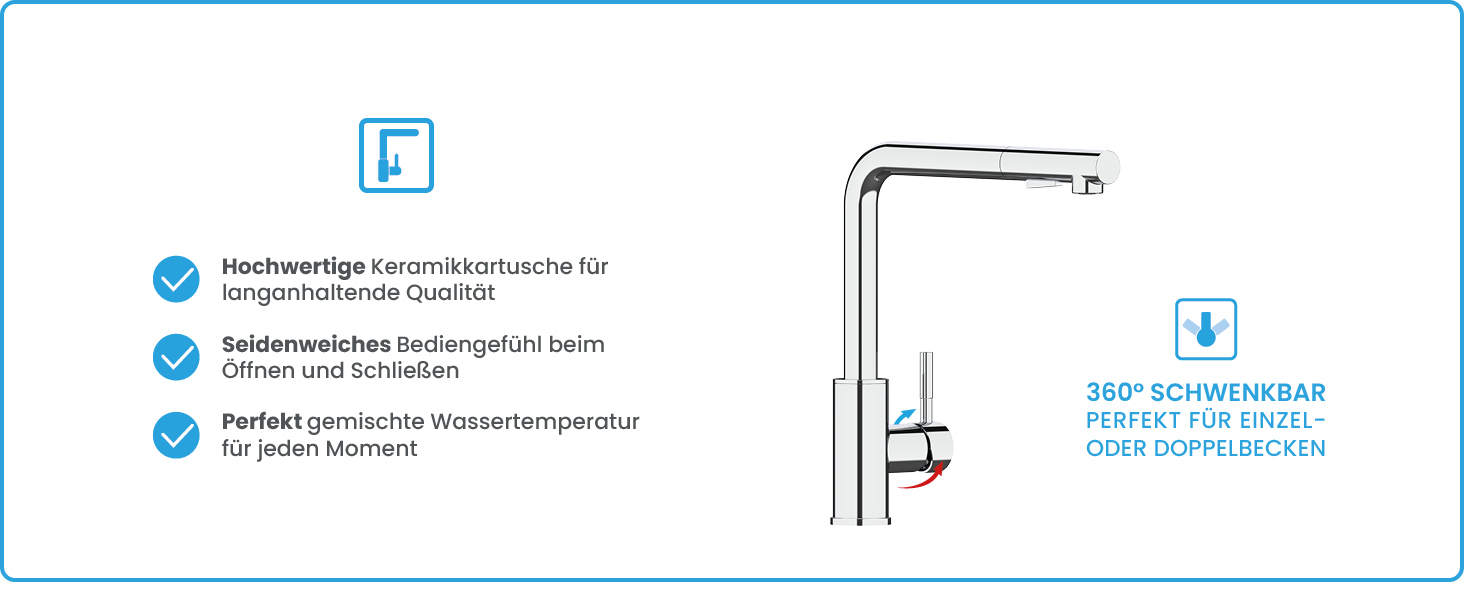 Кухонний змішувач Bächlein Varvaro – поворотний на 360° з висувним шлангом та душовим перемикачем (хром)