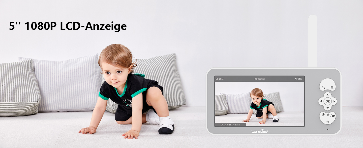 Відеоняня Wansview з камерою та APP - 5-дюймовий монітор для дитини без Wi-Fi з камерою для дитини 2.4/5 GHz, нічне бачення, відстеження руху, 2-сторонній аудіо, визначення температури, детекція руху/звуку
