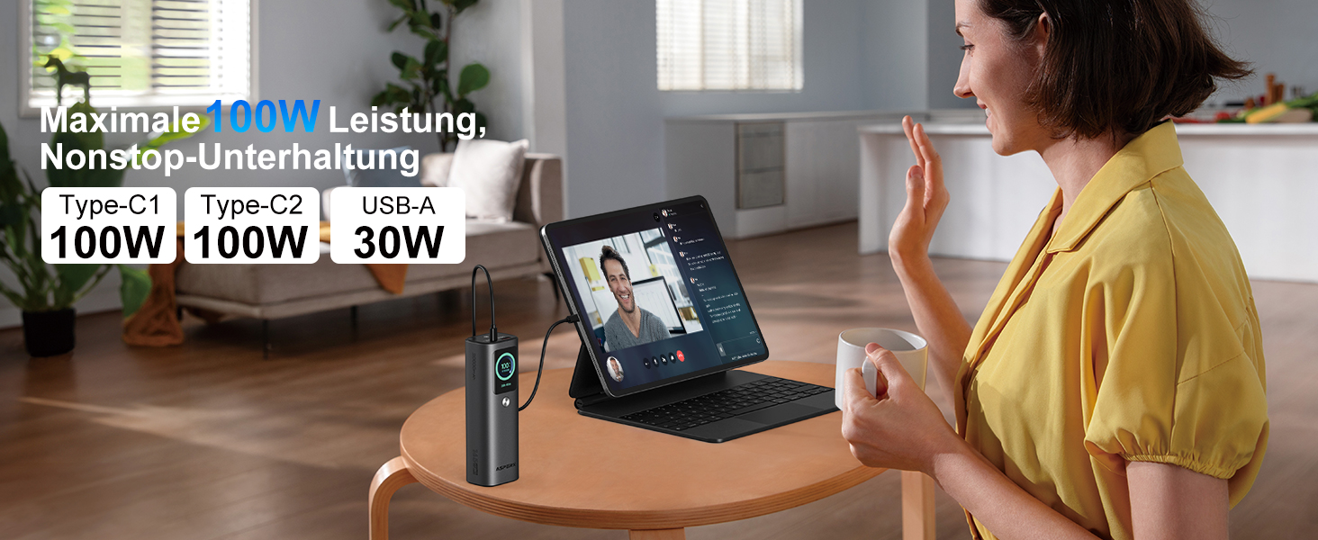 Power Bank AsperX 20000mAh 165W з USB-C кабелем, сумісний з MacBook, Dell, HP, Lenovo, iPad, iPhone, Galaxy