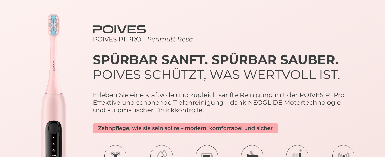 Електрична зубна щітка POIVES P1 Pro - ультразвукова, рожева перлина, з датчиком тиску, 4 роки гарантії