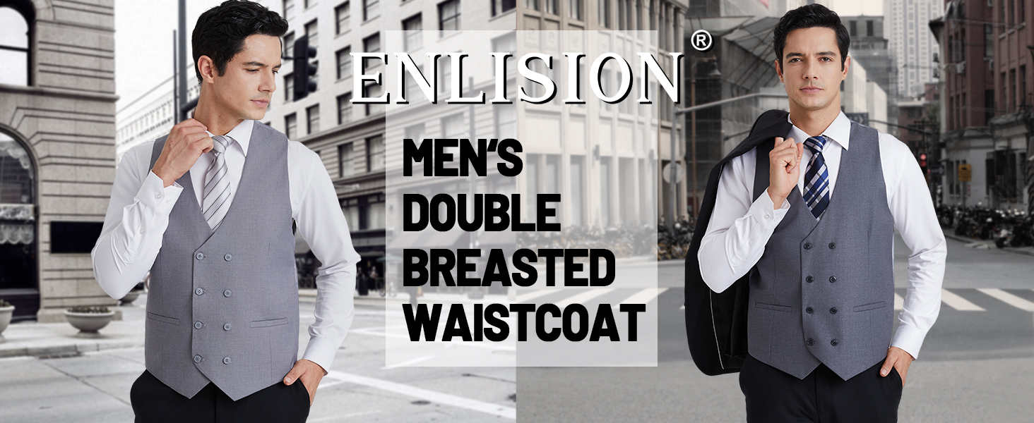 Чоловіча жилетка Enlision з дворядним застібкою та V-подібним вирізом, Slim Fit, для костюма, повсякденного, формального та ділового стилю, чорного кольору