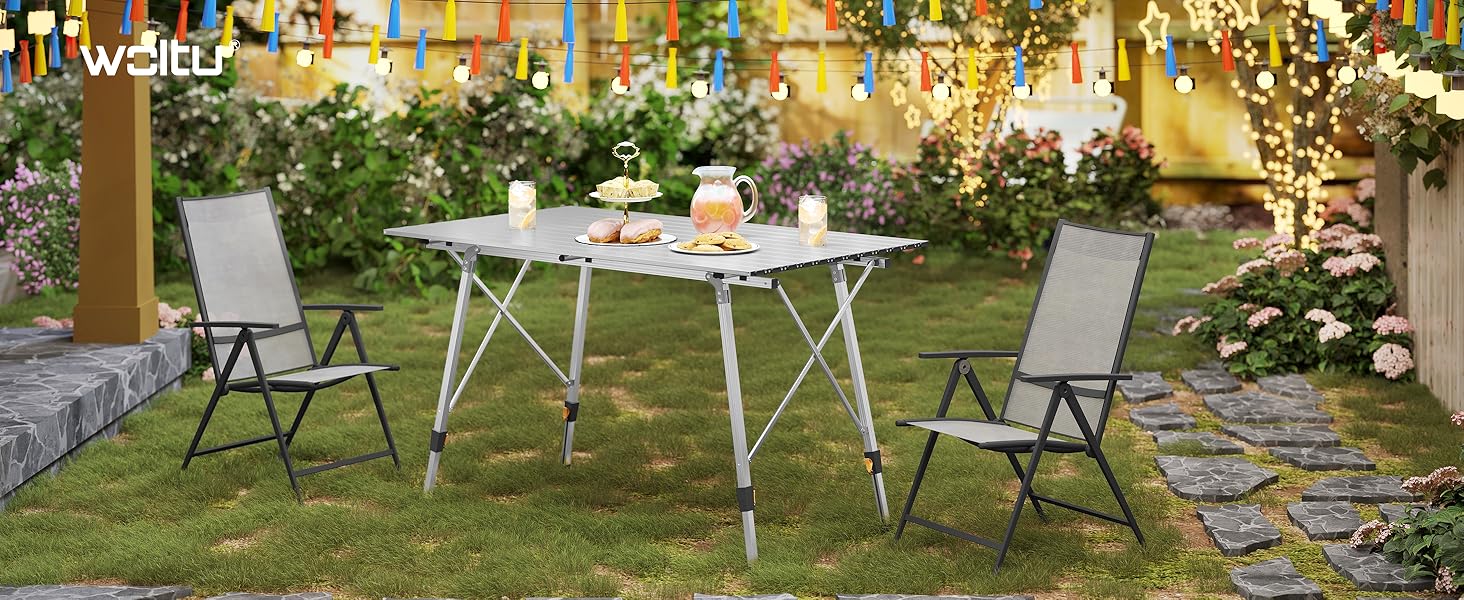Стіл туристичний розкладний WOLTU, 120x68.5 см, сріблястий. Регульована висота, з сумкою та розкатним покриттям. Для кемпінгу, саду, балкону (4-6 осіб)