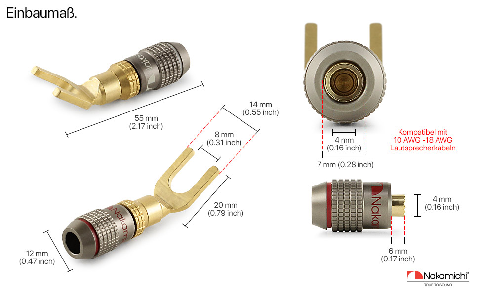 Позолочений Y-подібний роз'єм Nakamichi FanLock Excel-Serie для акустичних кабелів 10-18 AWG, 4мм, для Hi-Fi стерео та домашнього кінотеатру, 4 шт (2 пари)