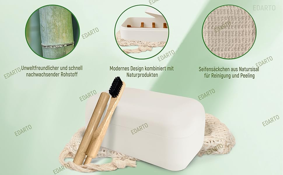 Миска для мила EDARTO® з бамбука з піддоном для стікання та кришкою – екологічна, з бамбука та кукурудзи + мішечок для мила з 100% натурального сизалю для пілінгу тіла