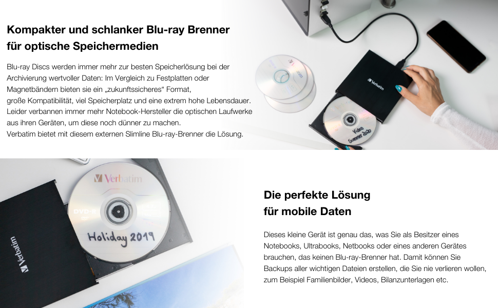Зовнішній Slimline Blu-ray привід Verbatim з USB 3.0 — компактний записувач Blu-ray, DVD, CD та M-Disc для ПК та ноутбуків, чорний