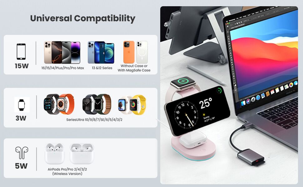 Бездротова зарядка 3-в-1 з MagSafe, USB-C, для iPhone 16/15/14/13/12, Apple Watch та AirPods, з нічним світлом (Рожева)