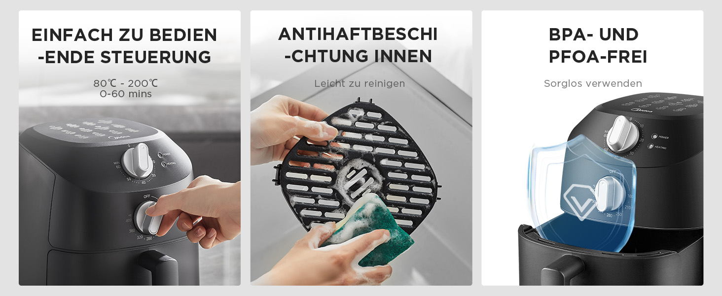 Фритюрниця повітряна Midea 2L, 1150W, без олії, автоматичне вимкнення, легко чистити, BPA-free, чорна