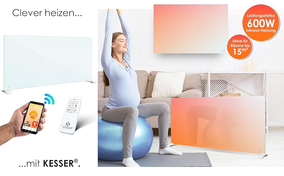 Інфрачервовий обігрівач KESSER®: скляний конвектор, енергозбереження, 2-в-1 (стійка/стіна), з датчиком відчинених вікон, пультом та керуванням через додаток, термостат, 600W, білий