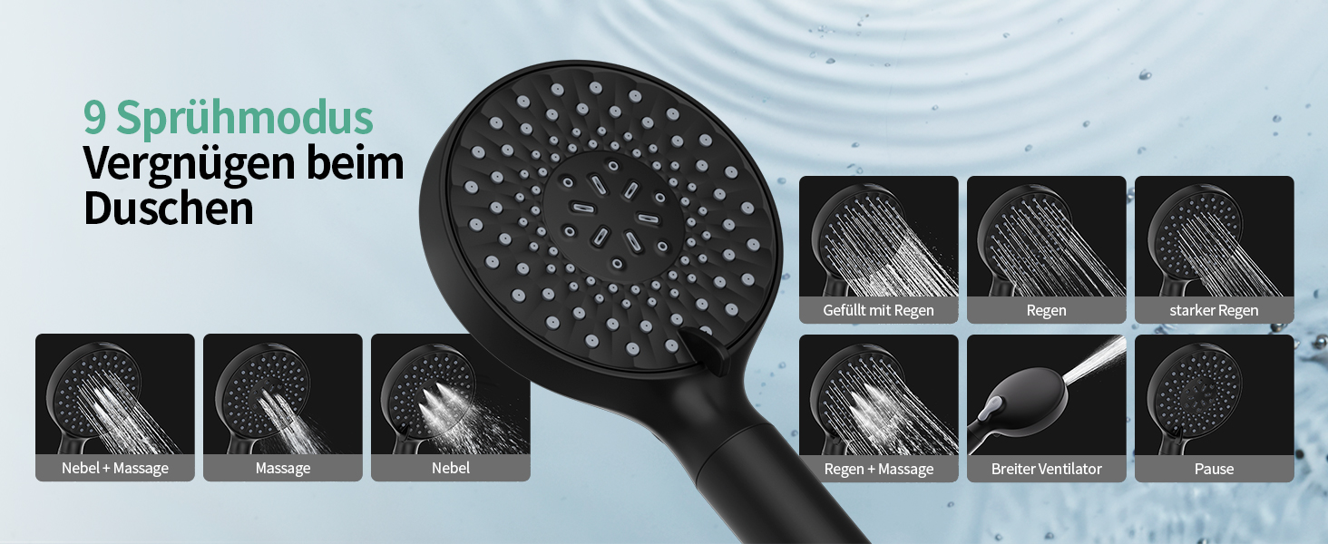 Душова лійка SR SUN RISE з фільтром, шланг та картриджі, 9 режимів, високий тиск, для жорсткої води, видаляє хлор, важкі метали, бактерії, чорний колір